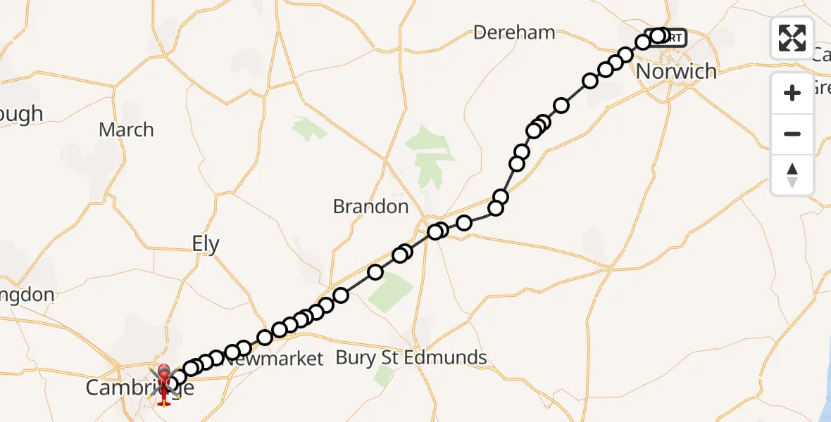 Flight route Air Ambulance Helicopter Norwich Airport - Cambridge City Airport, 23 July 2026, 07:25