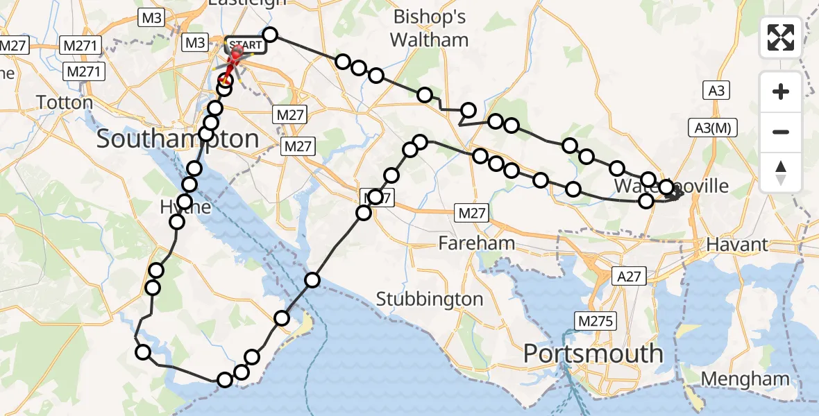 Flight route Air Ambulance Helicopter Southampton Airport - Mansbridge, 23 July 2026, 07:34