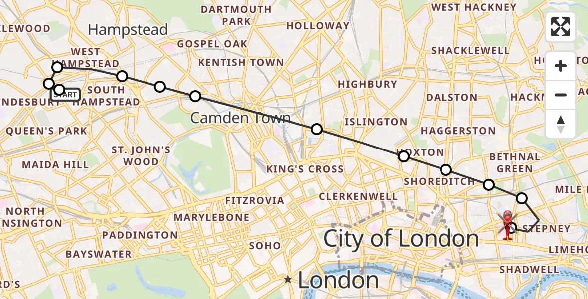 Flight route Air Ambulance Helicopter Kilburn - Royal London Hospital, 23 July 2026, 08:04