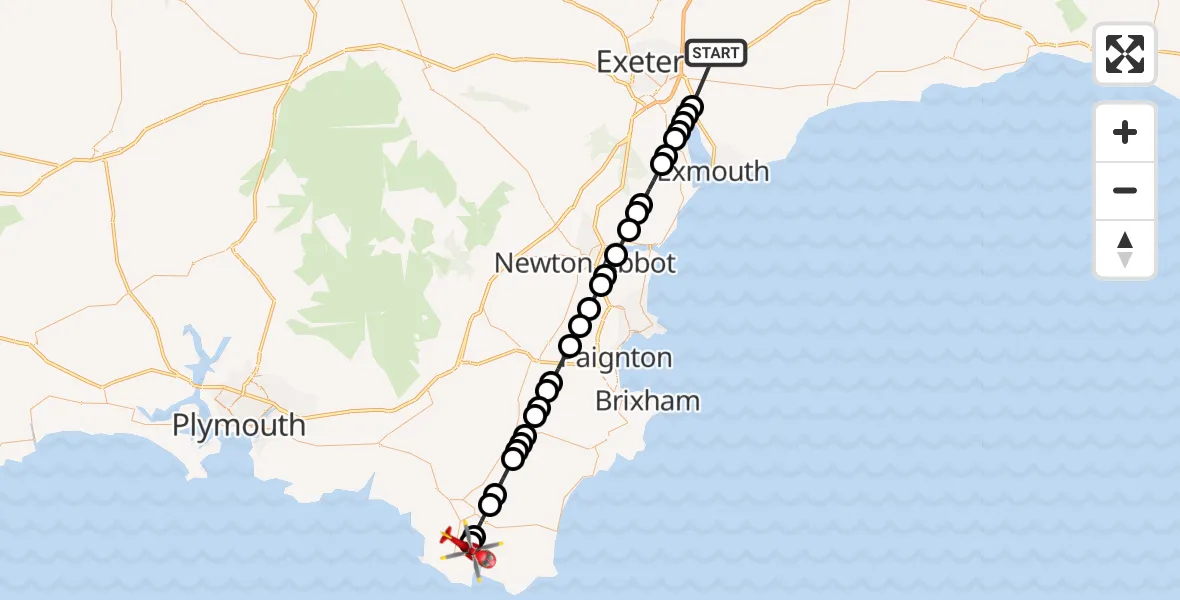 Flight route Air Ambulance Helicopter Exeter International Airport - Malborough, 23 July 2026, 08:32