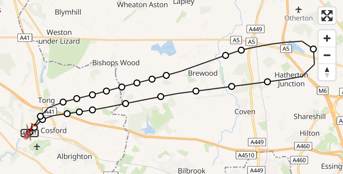 Flight route Air Ambulance Helicopter RAF Cosford - Cosford, 23 July 2026, 08:56