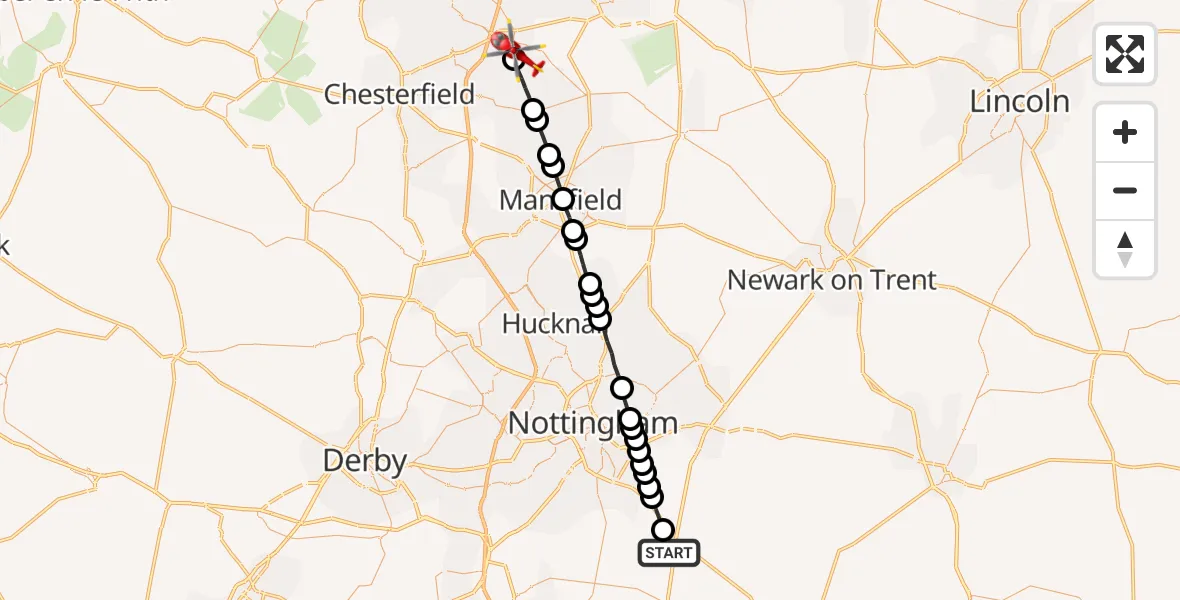 Flight route Air Ambulance Helicopter Widmerpool - Clowne, 23 July 2026, 09:00