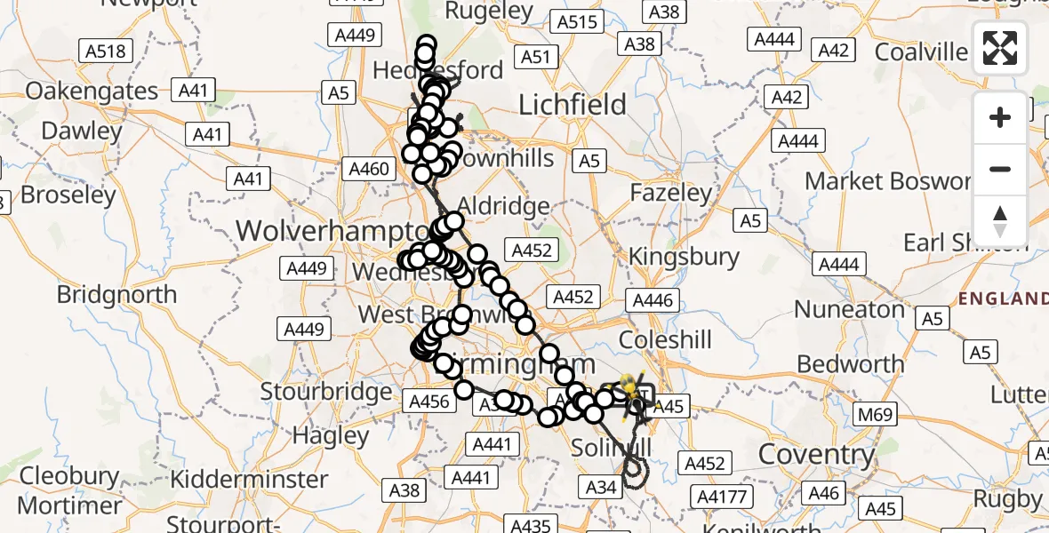 Flight route Police Helicopter Birmingham Airport - Birmingham Airport, 23 July 2026, 09:00