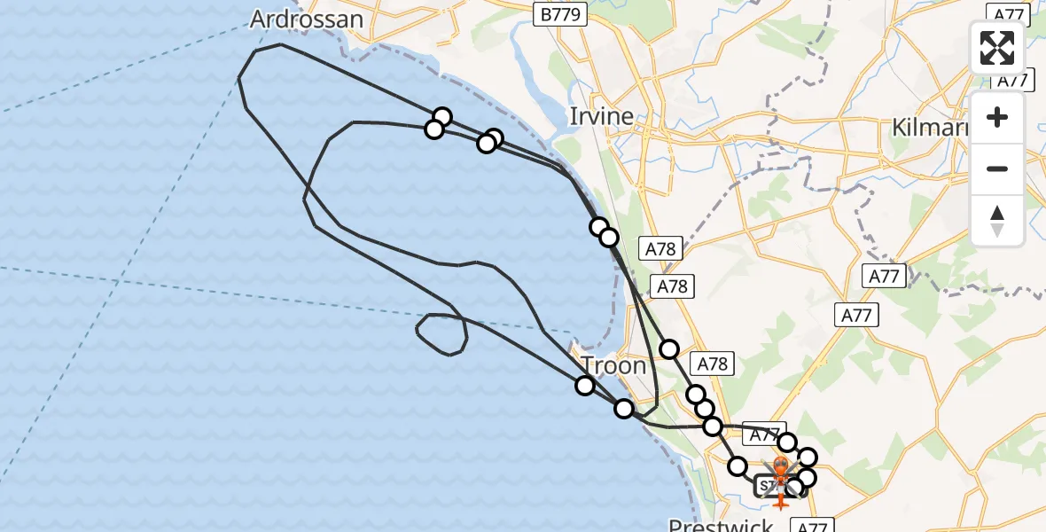 Flight route Coastguard Helicopter Glasgow Prestwick Airport - Glasgow Prestwick Airport, 23 July 2026, 09:02