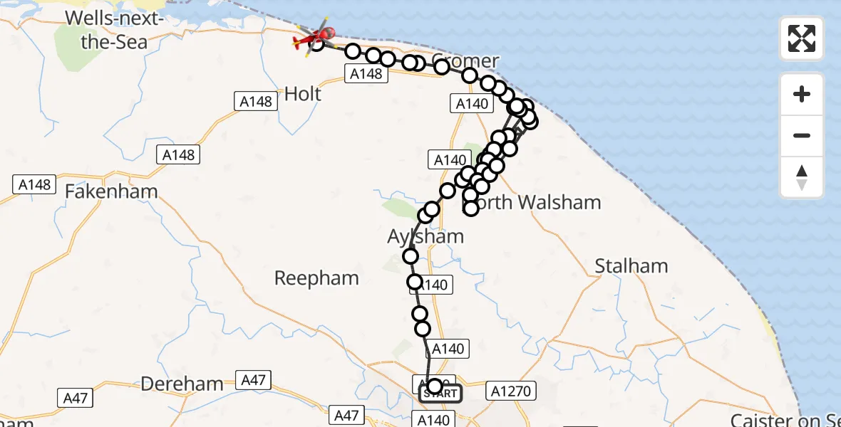 Flight route Air Ambulance Helicopter Norwich Airport - Salthouse, 23 July 2026, 09:04