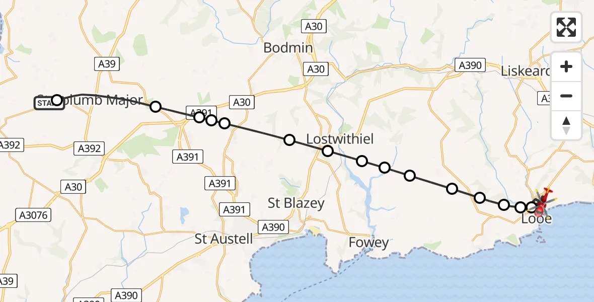 Flight route Air Ambulance Helicopter Cornwall Airport Newquay - Looe, 23 July 2026, 09:33