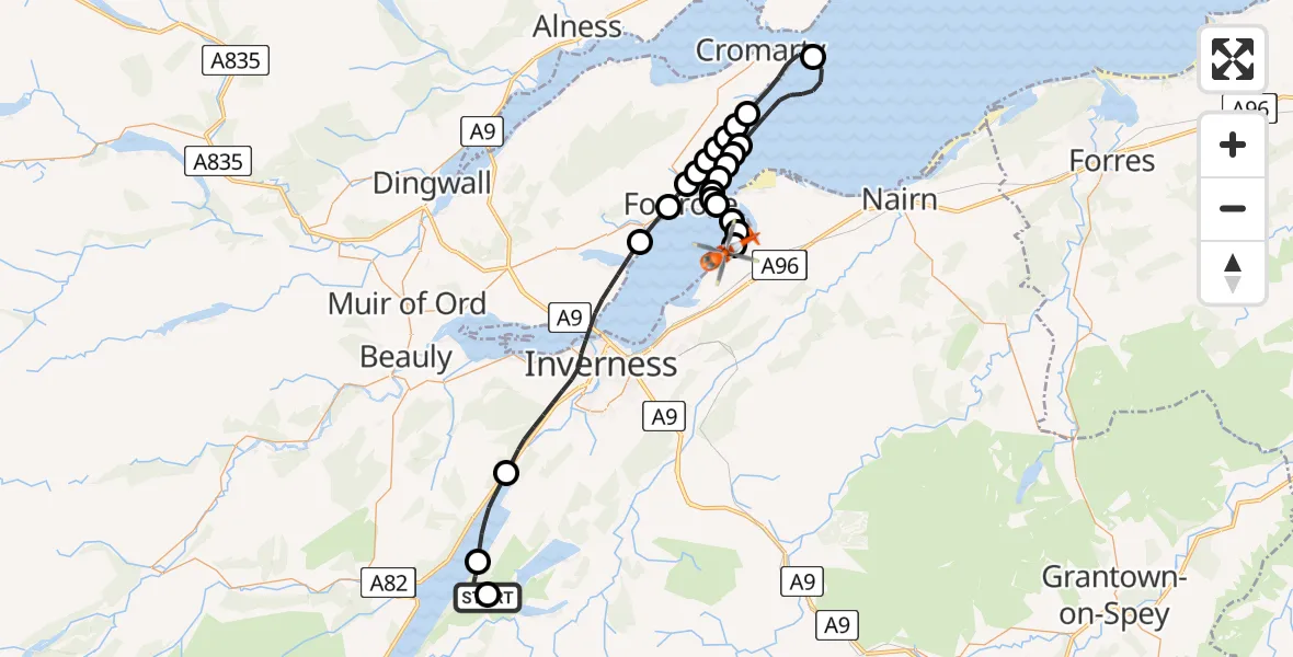 Flight route Coastguard Helicopter Torness - Inverness, 23 July 2026, 09:40