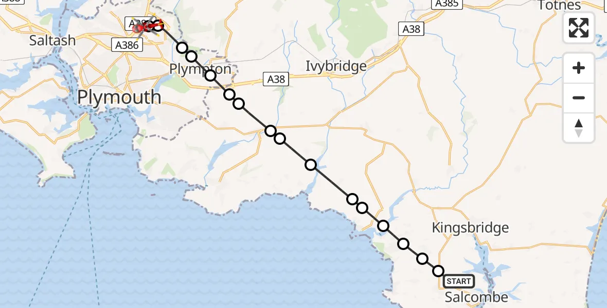 Flight route Air Ambulance Helicopter Malborough - Derriford Hospital, 23 July 2026, 09:41