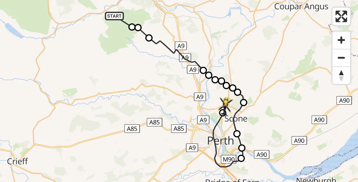 Flight route Police Helicopter Trochry - Old Scone, 23 July 2026, 09:52