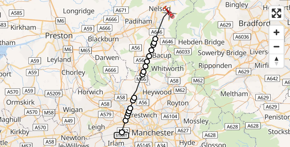 Flight route Air Ambulance Helicopter Manchester Barton Aerodrome - Burnley, 23 July 2026, 09:54