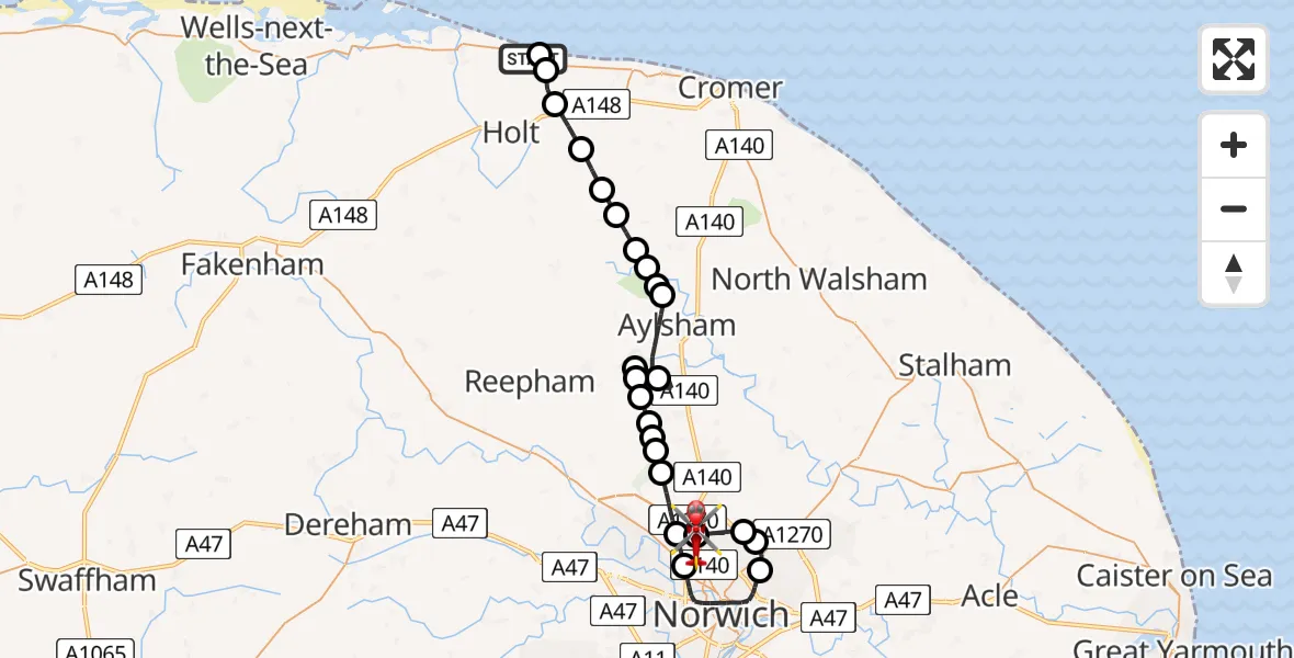 Flight route Air Ambulance Helicopter North Norfolk - Norwich Airport, 23 July 2026, 09:56