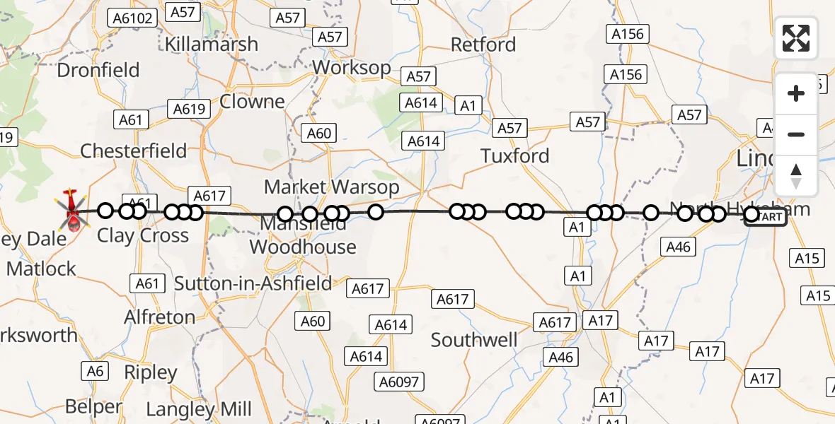 Flight route Air Ambulance Helicopter Waddington - Ashover CP, 23 July 2026, 10:00