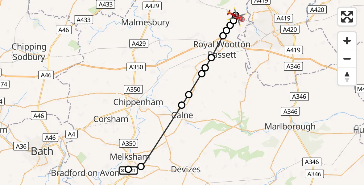 Flight route Air Ambulance Helicopter Wiltshire Air Ambulance - Purton, 23 July 2026, 10:14