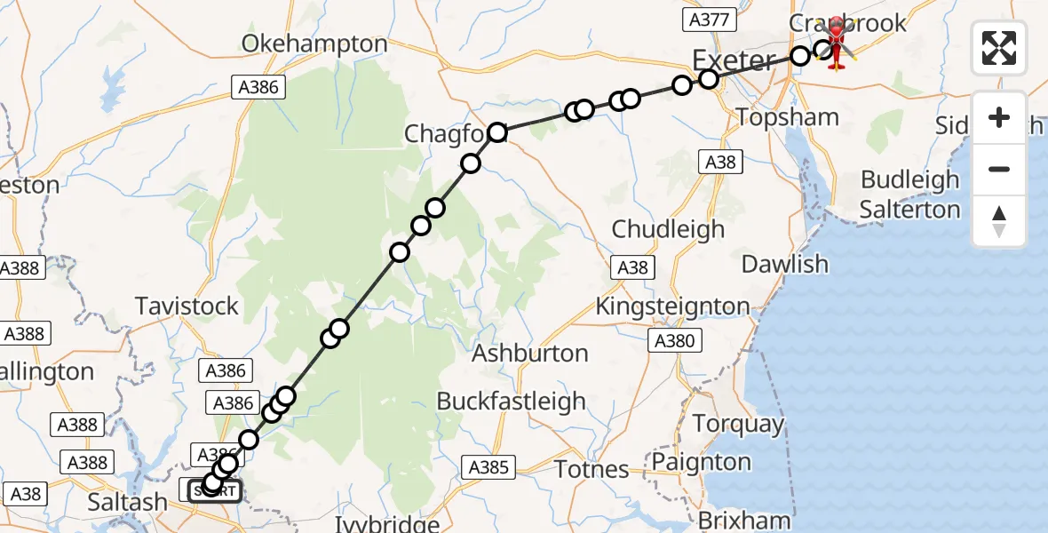 Flight route Air Ambulance Helicopter Derriford Hospital - Exeter International Airport, 23 July 2026, 10:33