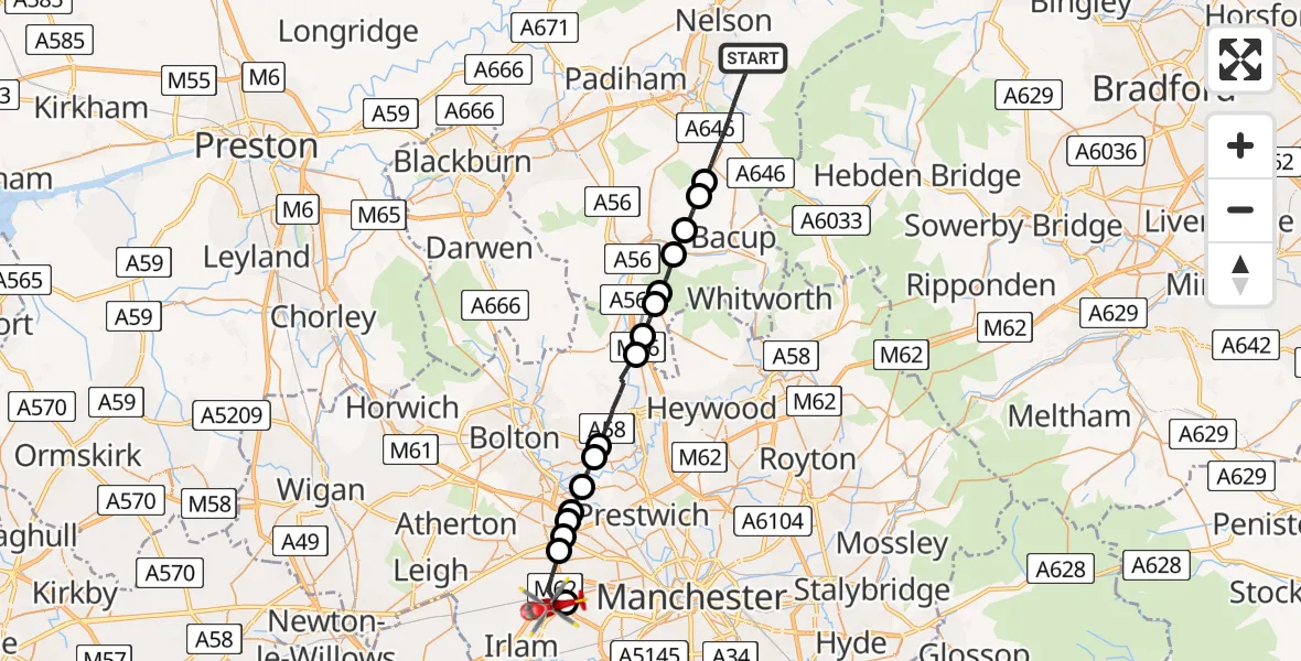 Flight route Air Ambulance Helicopter Burnley - Manchester Barton Aerodrome, 23 July 2026, 10:46
