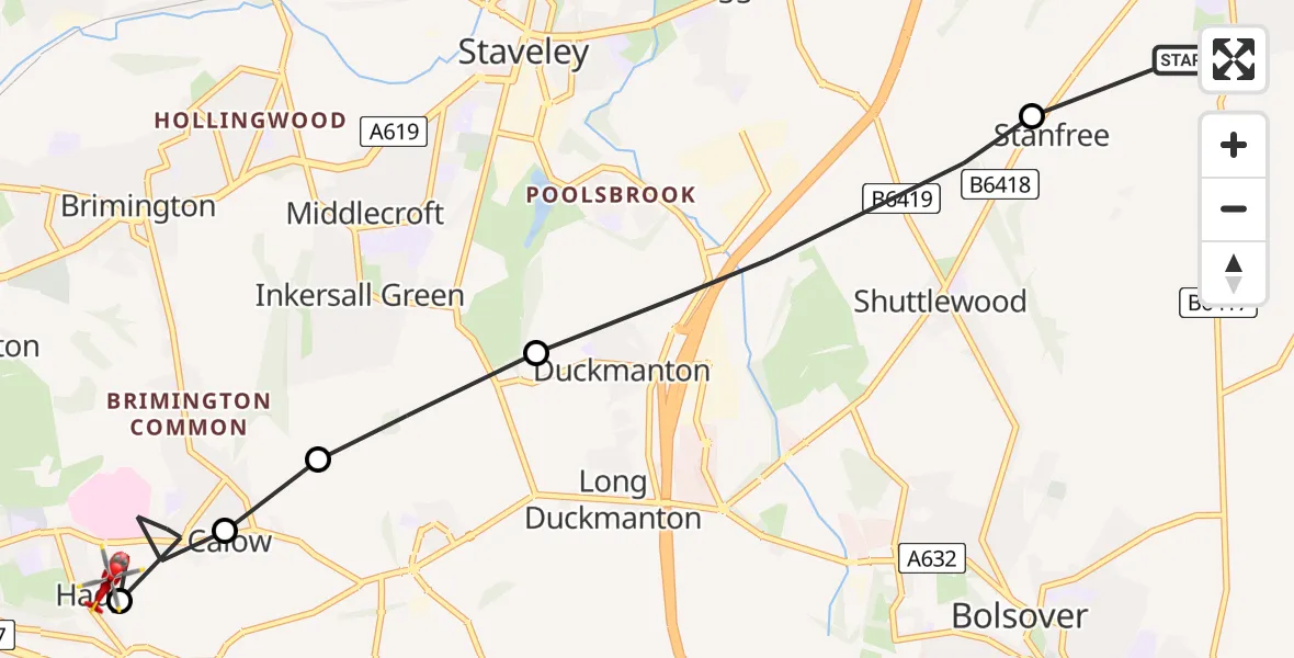 Flight route Air Ambulance Helicopter Clowne - Chesterfield, 23 July 2026, 10:46