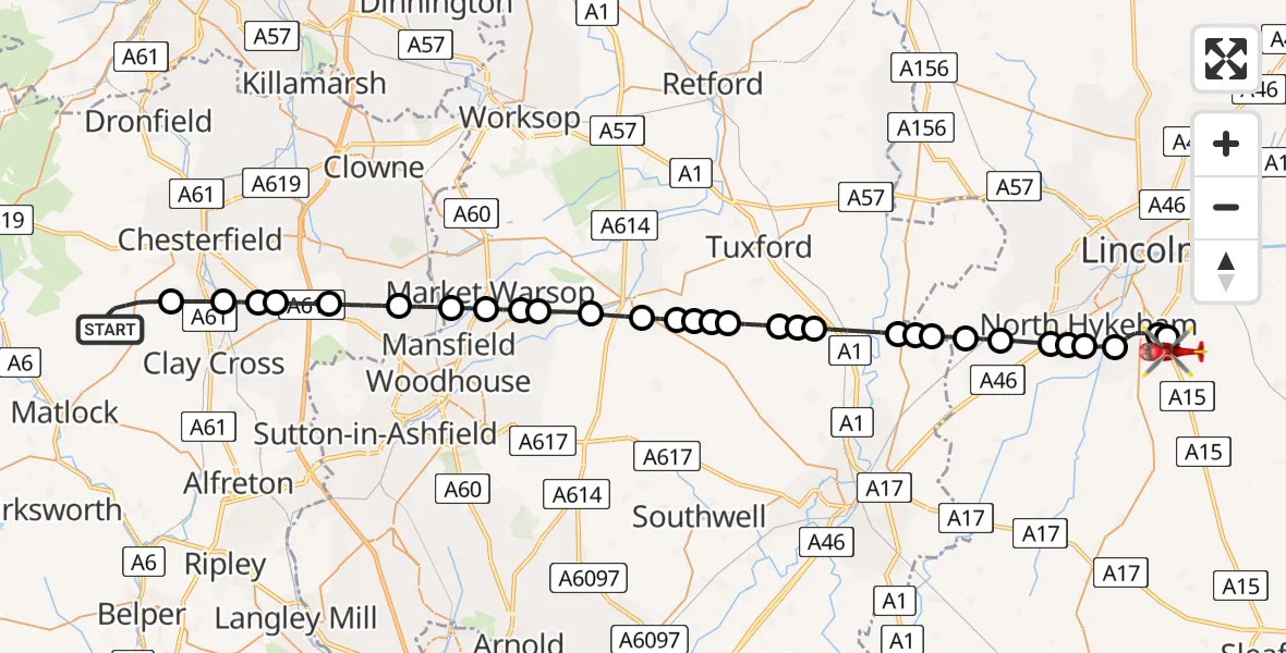 Flight route Air Ambulance Helicopter Ashover CP - North Kesteven, 23 July 2026, 10:55