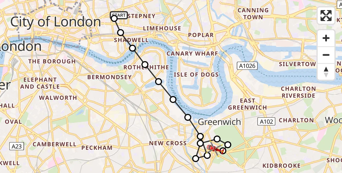 Flight route Air Ambulance Helicopter Royal London Hospital - Deptford, 23 July 2026, 11:02