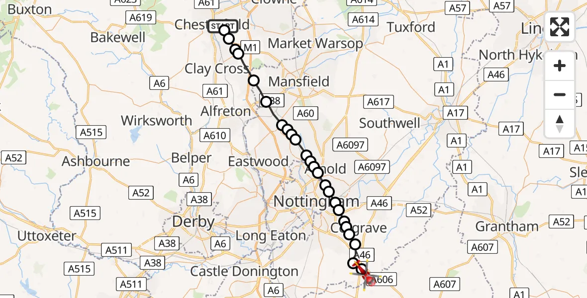 Flight route Air Ambulance Helicopter Chesterfield - Rushcliffe, 23 July 2026, 11:02