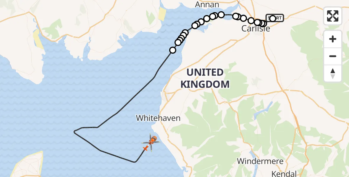 Flight route Coastguard Helicopter Carlisle Lake District Airport - Irish Sea, 23 July 2026, 11:21
