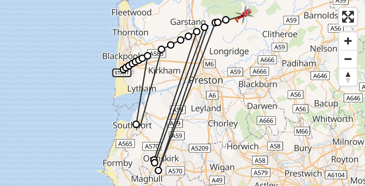 Flight route Air Ambulance Helicopter Blackpool Airport - Ribble Valley, 23 July 2026, 11:22