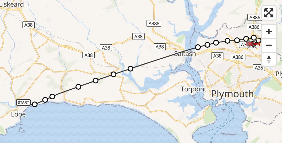 Flight route Air Ambulance Helicopter Looe - Derriford Hospital, 23 July 2026, 11:22