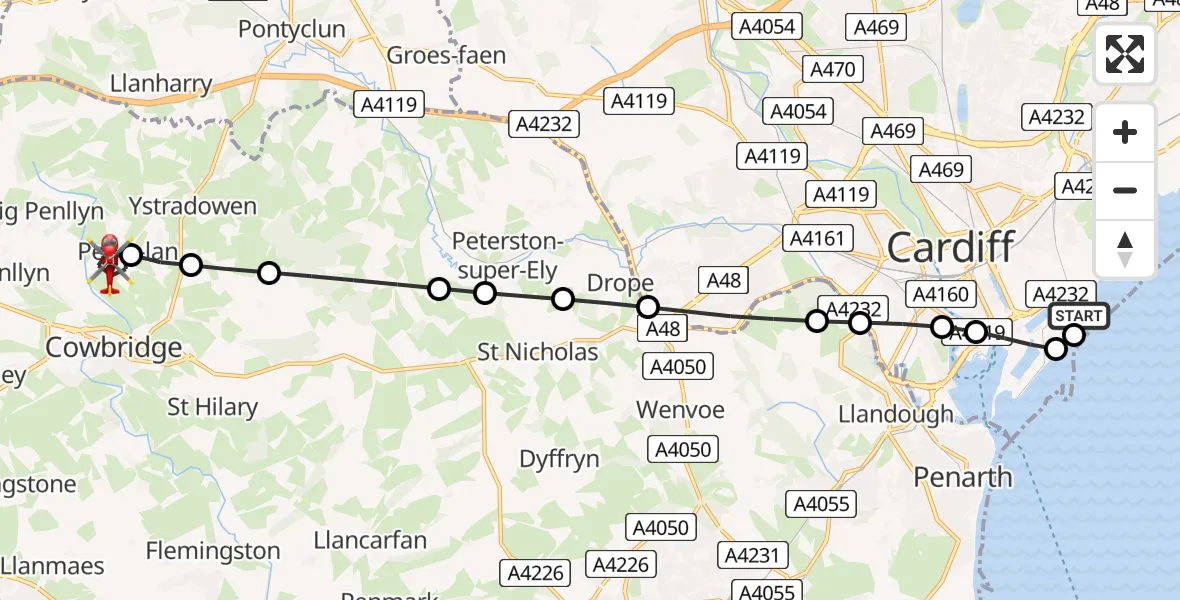 Flight route Air Ambulance Helicopter Cardiff Heliport - Pen-y-lan, 23 July 2026, 11:26