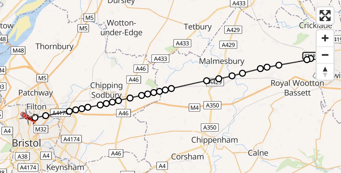 Flight route Air Ambulance Helicopter Purton - Bristol, 23 July 2026, 11:35