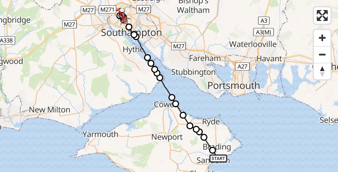 Flight route Air Ambulance Helicopter Sandown - University Hospital Southampton, 23 July 2026, 11:45