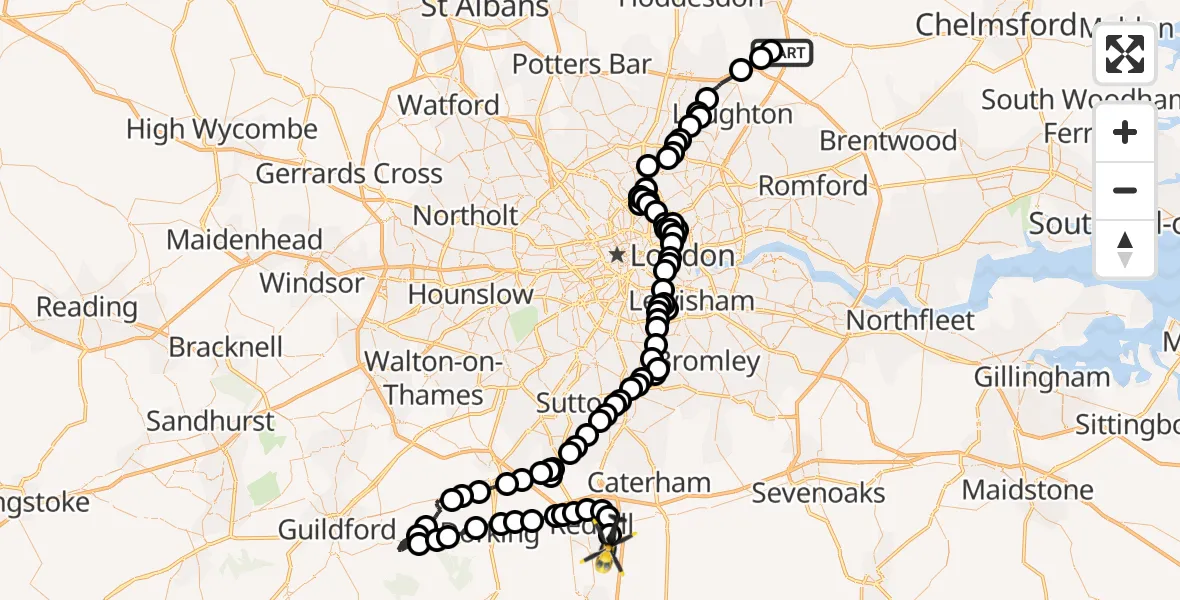 Flight route Police Helicopter North Weald Bassett - South Nutfield, 23 July 2026, 12:08
