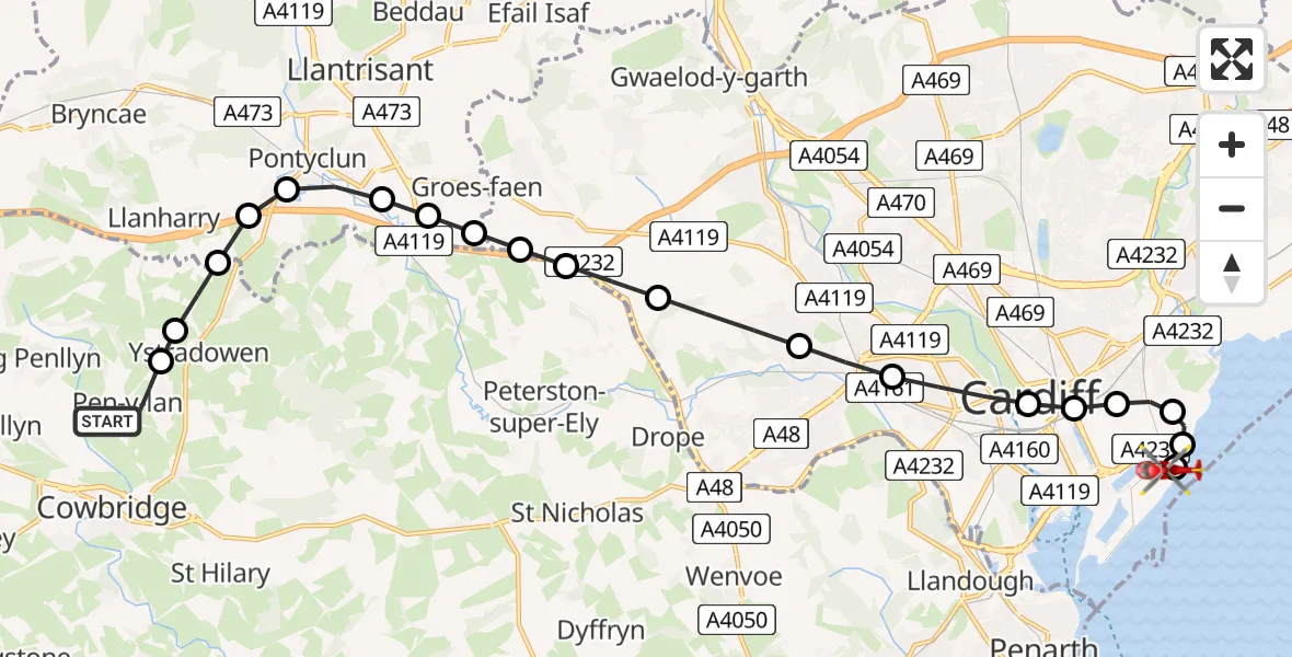 Flight route Air Ambulance Helicopter Pen-y-lan - Cardiff Heliport, 23 July 2026, 12:11