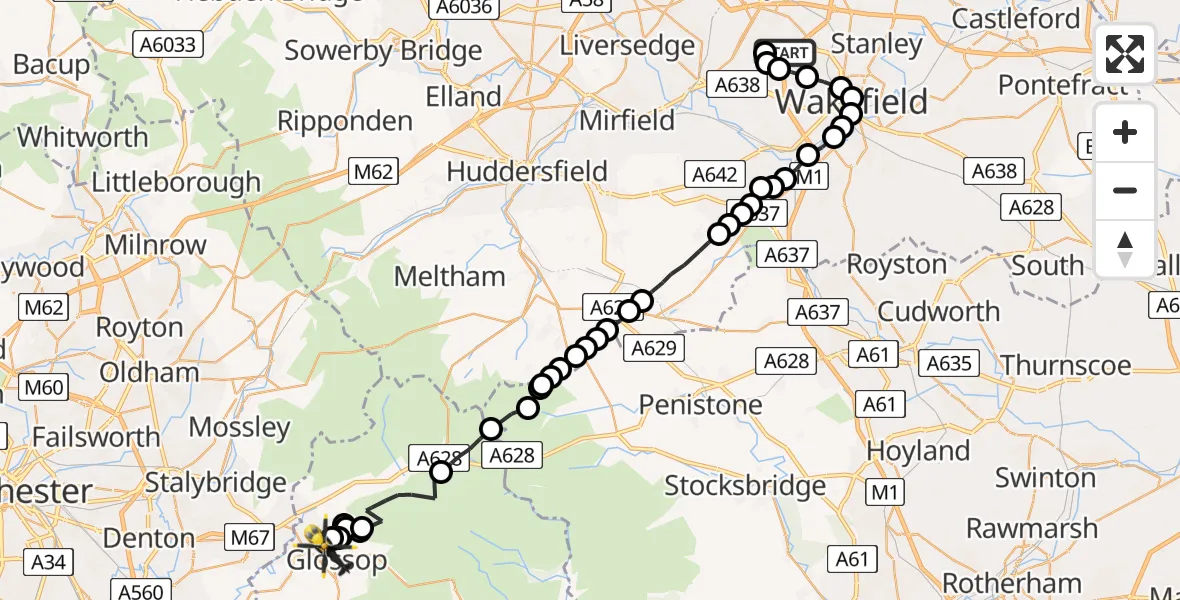 Flight route Police Helicopter East Ardsley - Glossop, 23 July 2026, 12:12