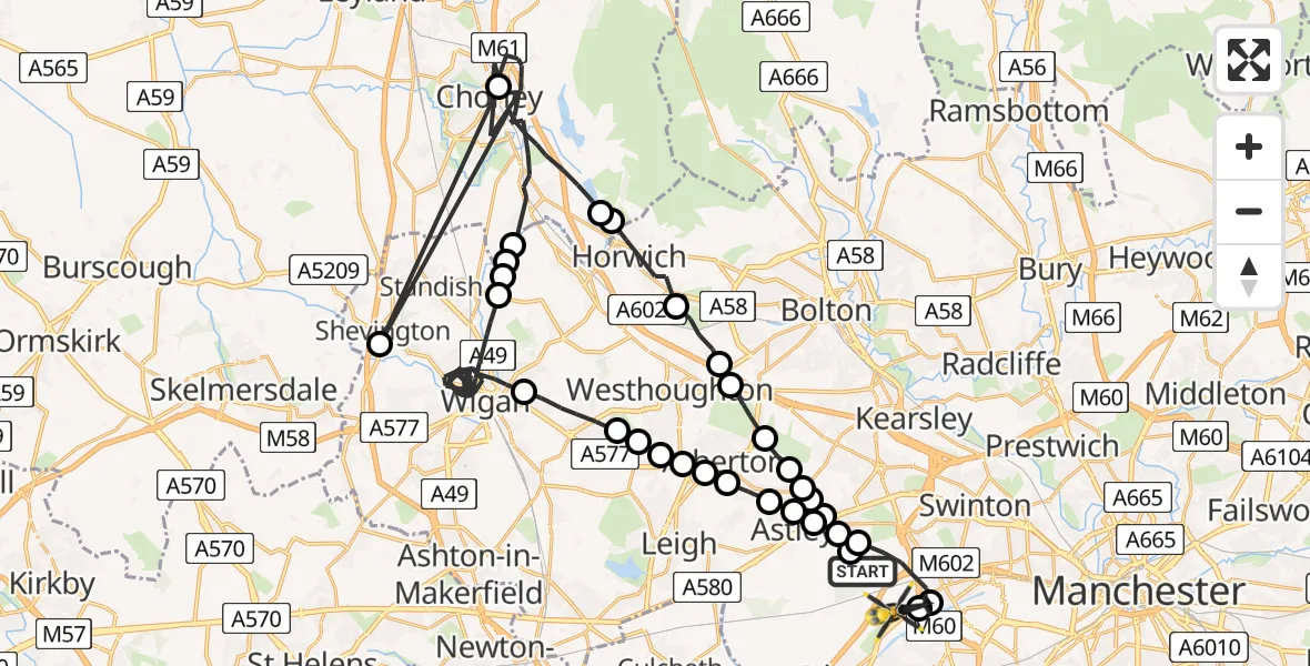 Flight route Police Helicopter Boothstown - Manchester Barton Aerodrome, 23 July 2026, 12:13