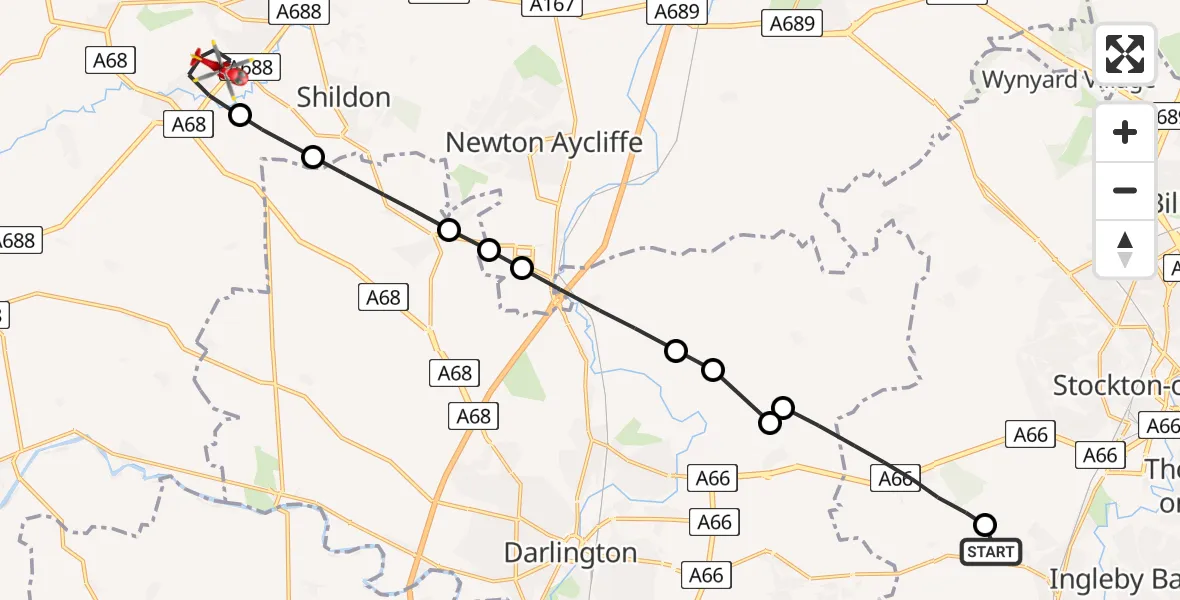 Flight route Air Ambulance Helicopter Egglescliffe - St Helen Auckland, 23 July 2026, 12:18