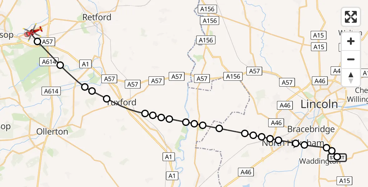 Flight route Air Ambulance Helicopter RAF Waddington - Ranby, 23 July 2026, 12:18