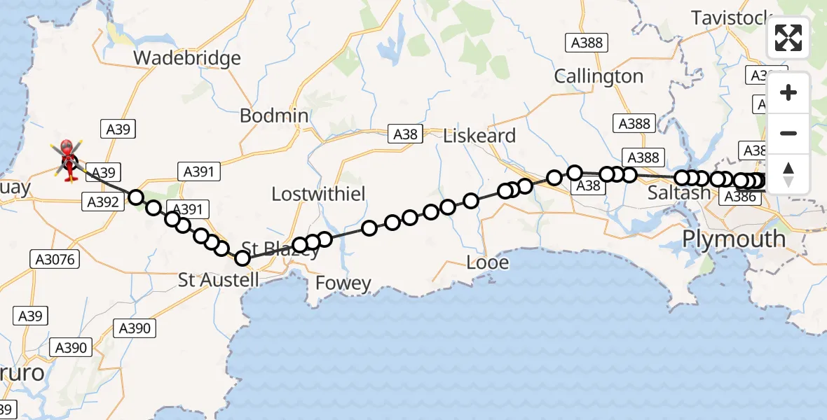 Flight route Air Ambulance Helicopter Derriford Hospital - Cornwall Airport Newquay, 23 July 2026, 12:18