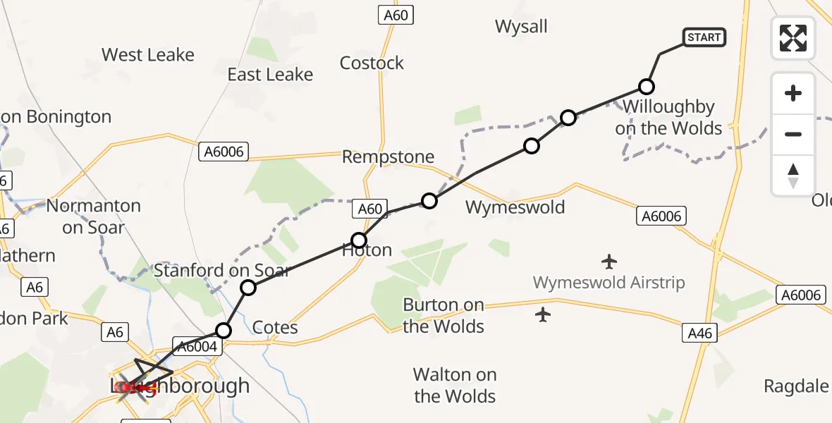 Flight route Air Ambulance Helicopter Widmerpool - Loughborough, 23 July 2026, 12:31