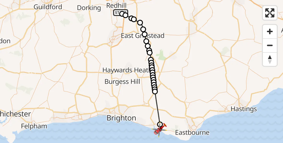 Flight route Air Ambulance Helicopter Redhill Aerodrome - Seaford, 23 July 2026, 12:31