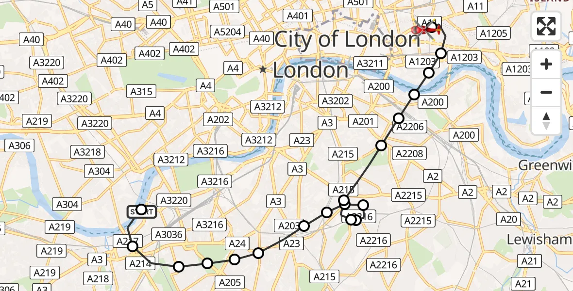 Flight route Air Ambulance Helicopter London Heliport - Royal London Hospital, 23 July 2026, 12:36