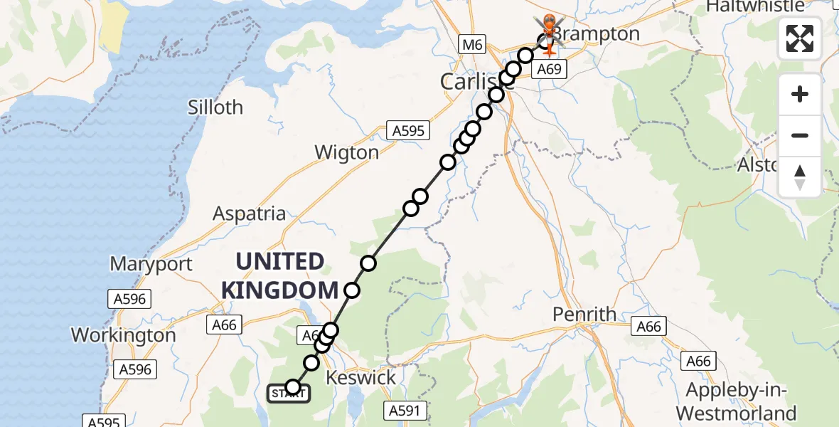 Flight route Coastguard Helicopter Buttermere - Carlisle Lake District Airport, 23 July 2026, 12:42