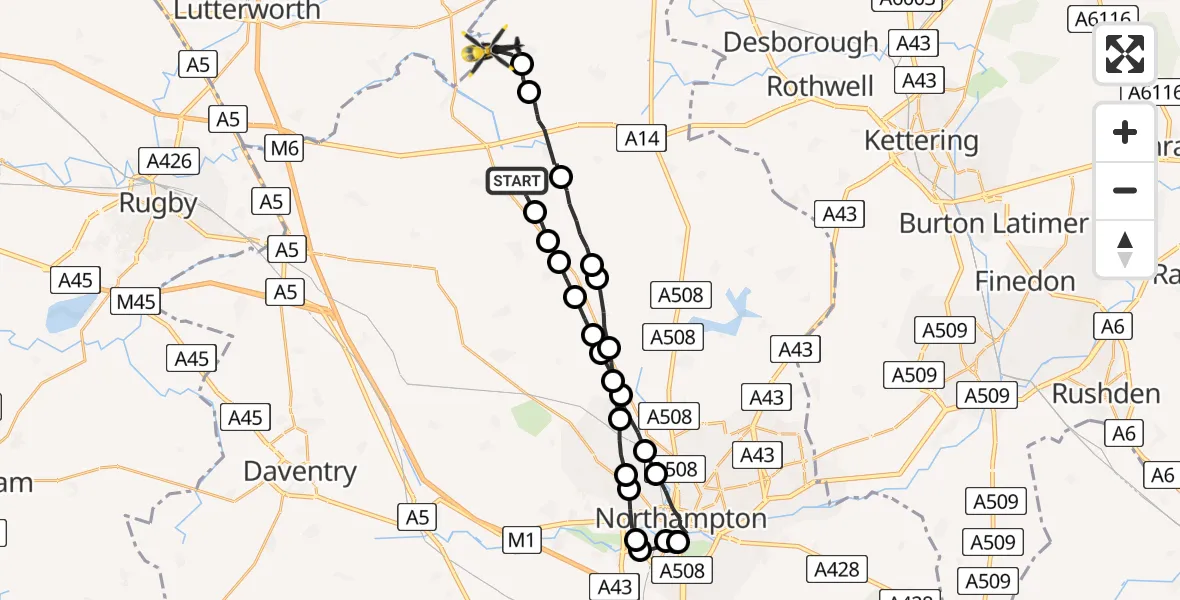 Flight route Police Helicopter Thornby - Sibbertoft, 23 July 2026, 12:43