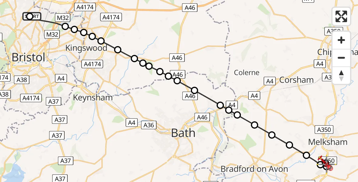 Flight route Air Ambulance Helicopter Southmead Hospital - Wiltshire Air Ambulance, 23 July 2026, 12:54