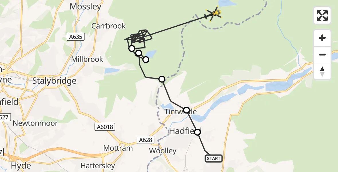 Flight route Police Helicopter Padfield - Oldham, 23 July 2026, 12:54