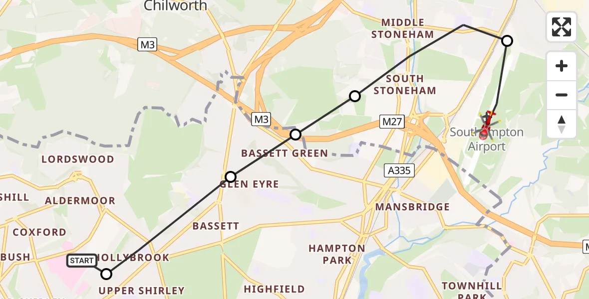 Flight route Air Ambulance Helicopter University Hospital Southampton - Southampton Airport, 23 July 2026, 12:54