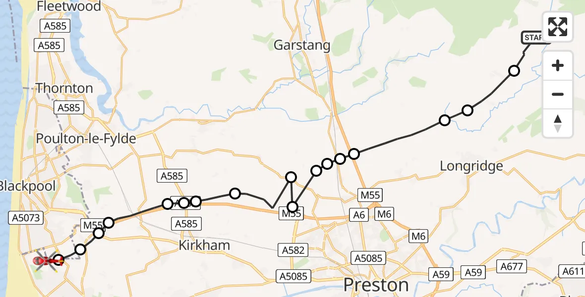 Flight route Air Ambulance Helicopter Ribble Valley - Blackpool Airport, 23 July 2026, 12:55
