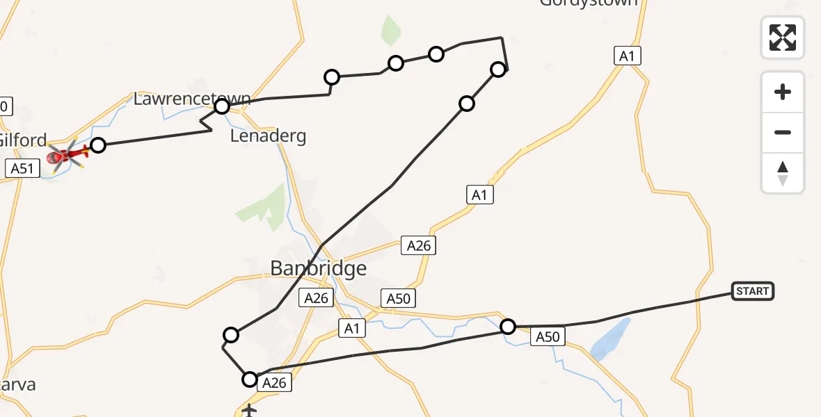 Flight route Air Ambulance Helicopter Armagh City, Banbridge and Craigavon District Council - Gilford, 23 July 2026, 12:56