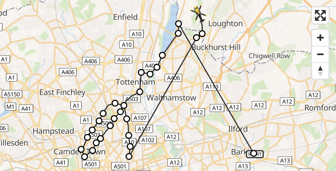 Flight route Police Helicopter Thames View - Metropolitan Police Air Support Unit Lippitts Hill, 23 July 2026, 12:57