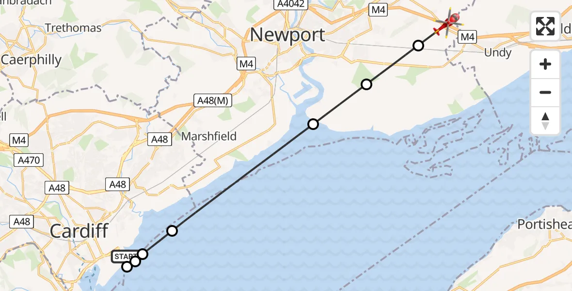 Flight route Air Ambulance Helicopter Cardiff Heliport - Llanmartin, 23 July 2026, 12:58