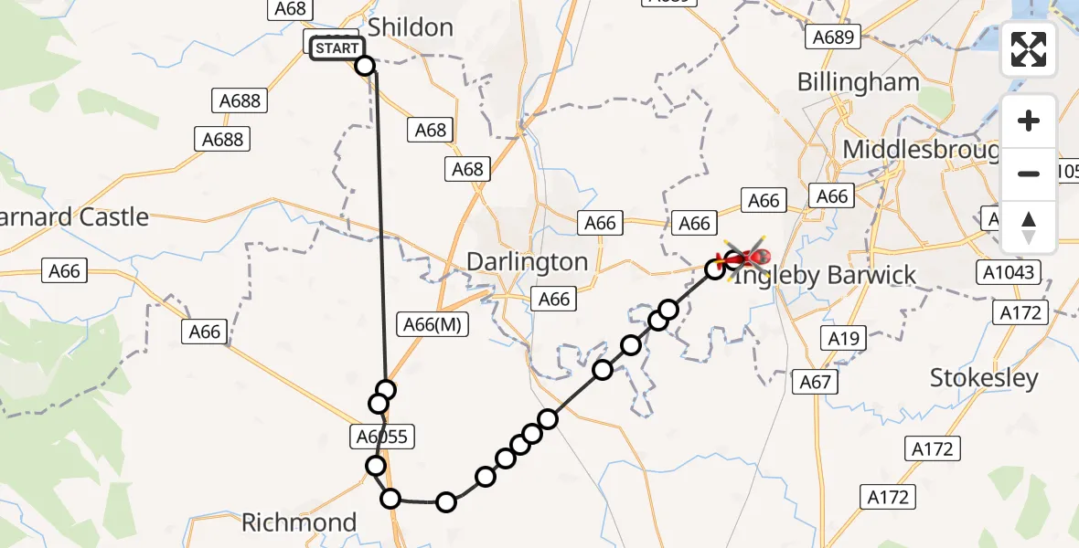 Flight route Air Ambulance Helicopter St Helen Auckland - Egglescliffe, 23 July 2026, 13:05