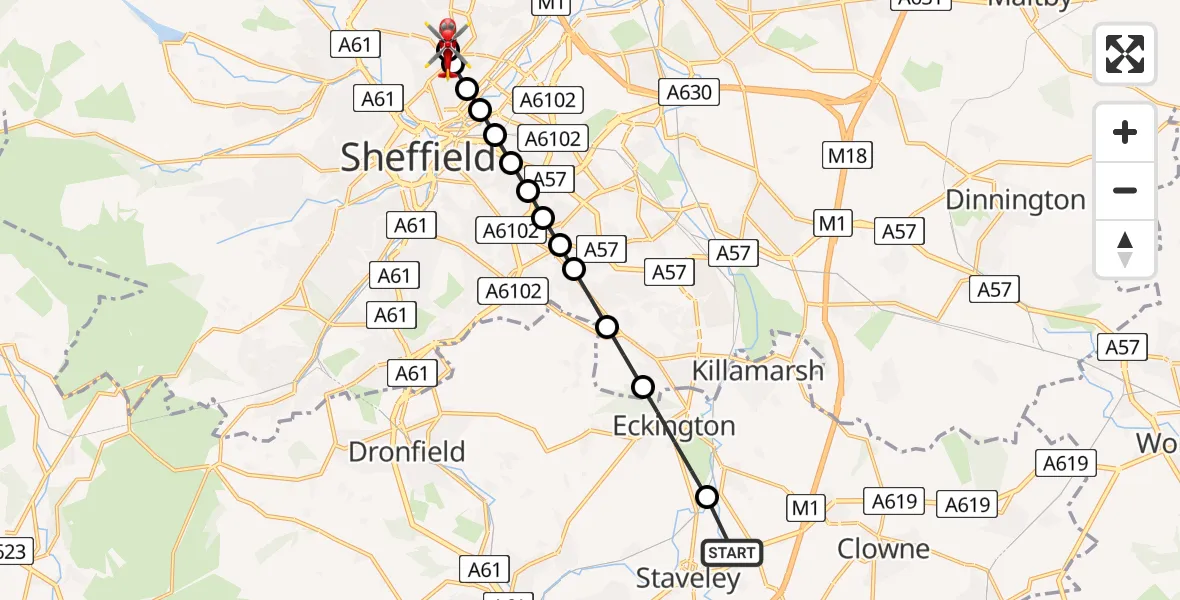 Flight route Air Ambulance Helicopter Chesterfield - Sheffield Northern Hospital, 23 July 2026, 13:13